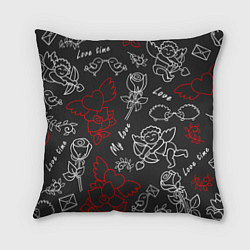 Подушка квадратная Летающие сердца купидоны розы на черном фоне, цвет: 3D-принт