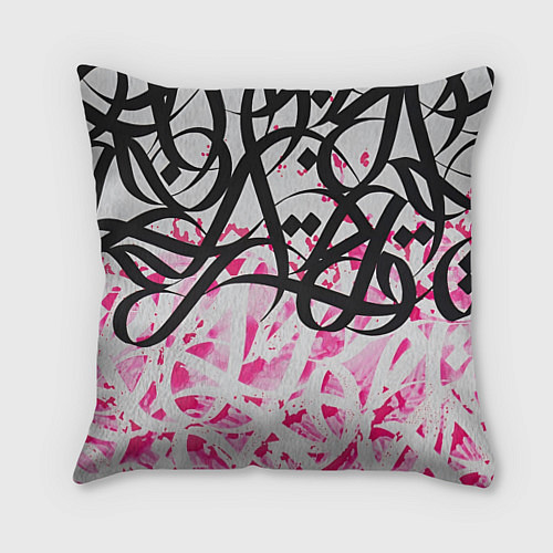Подушка квадратная Черно-розовая каллиграфия / 3D-принт – фото 1