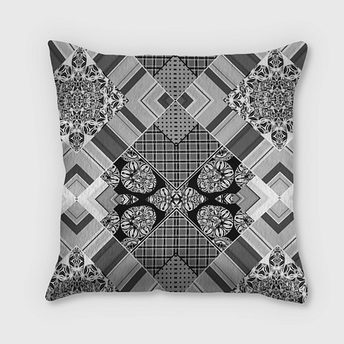Подушка квадратная Черно белый этнический лоскутный узор / 3D-принт – фото 1
