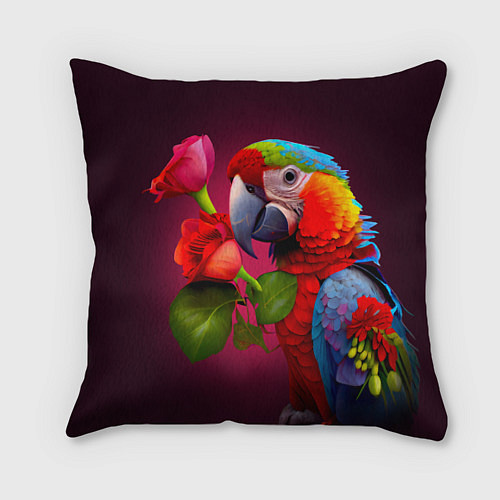 Подушка квадратная Попугай ара с цветами / 3D-принт – фото 1