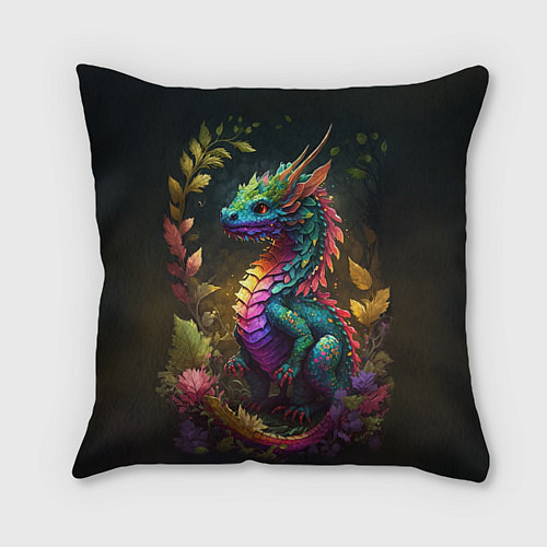 Подушка квадратная Разноцветный дракончик в лесу / 3D-принт – фото 1