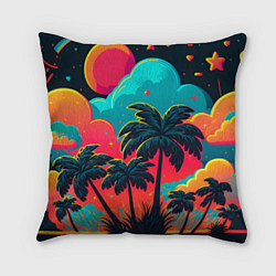 Подушка квадратная Неоновые пальмы на закате, цвет: 3D-принт