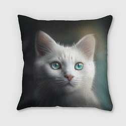 Подушка квадратная Милый белый кот с голубыми глазами, цвет: 3D-принт