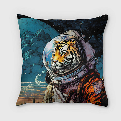 Подушка квадратная Тигр космонавт на далекой планете / 3D-принт – фото 1