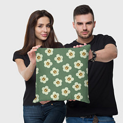 Подушка квадратная Цветочки-смайлики: темно-зеленый паттерн, цвет: 3D-принт — фото 2