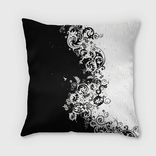Подушка квадратная Черно-белые цветы и колибри / 3D-принт – фото 1