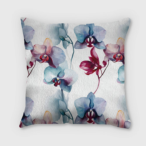 Подушка квадратная Голубая орхидея акварель - паттерн / 3D-принт – фото 1