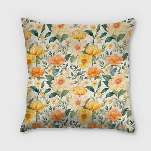 Подушка квадратная Желтые и розовые хризантемы и пионы на светлом фон / 3D-принт – фото 1