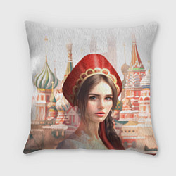 Подушка квадратная Девушка в кокошнике с косой - кремль, цвет: 3D-принт