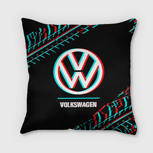 Подушка квадратная Значок Volkswagen в стиле glitch на темном фоне / 3D-принт – фото 1
