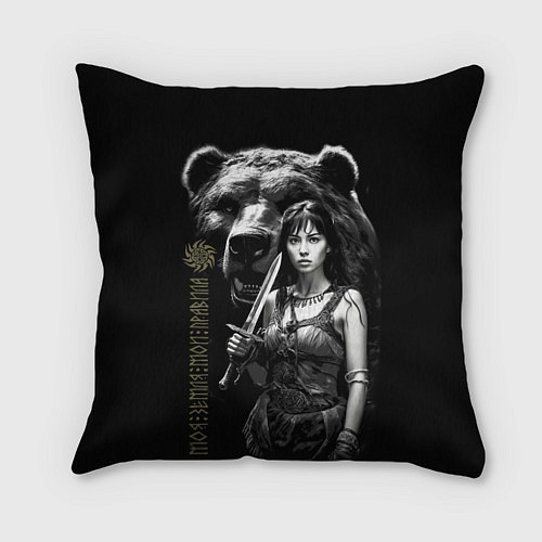 Подушка квадратная Медведь и девушка воин / 3D-принт – фото 1