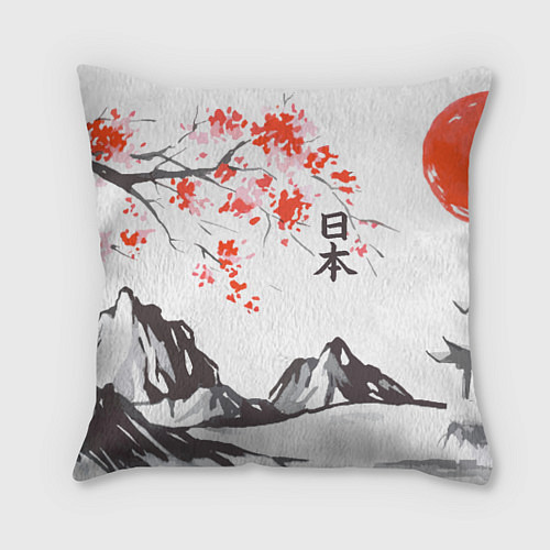 Подушка квадратная Цветущая сакура и солнце - Япония / 3D-принт – фото 1