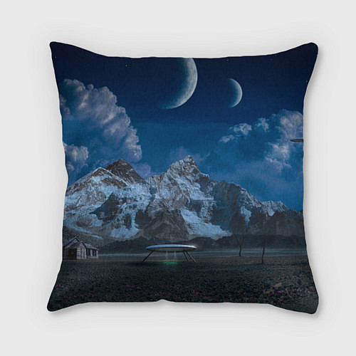 Подушка квадратная Ночные горы в природе и небо с нло / 3D-принт – фото 1