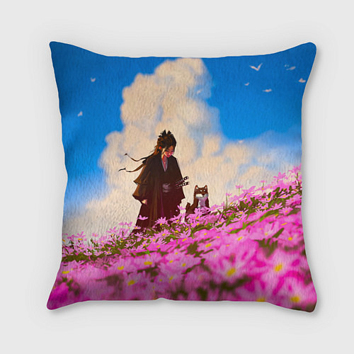 Подушка квадратная Девушка самурай и сиба ину / 3D-принт – фото 1