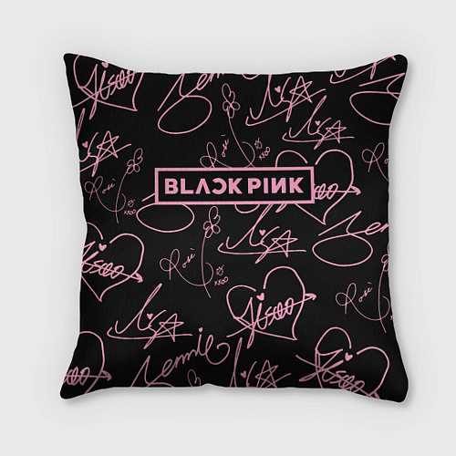 Подушка квадратная Блэкпинк - розовые автографы / 3D-принт – фото 1
