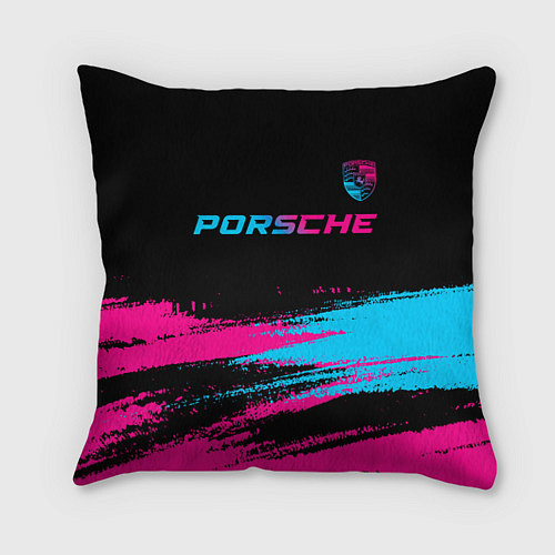 Подушка квадратная Porsche - neon gradient: символ сверху / 3D-принт – фото 1