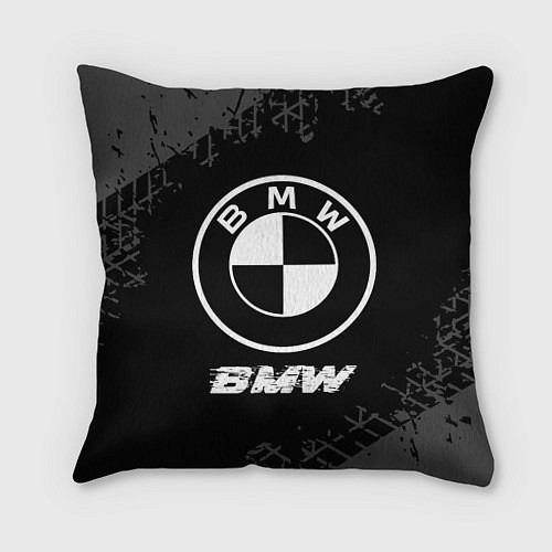 Подушка квадратная BMW speed на темном фоне со следами шин / 3D-принт – фото 1