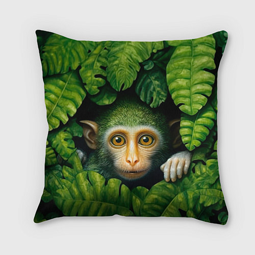 Подушка квадратная Маленькая обезьянка в листьях / 3D-принт – фото 1