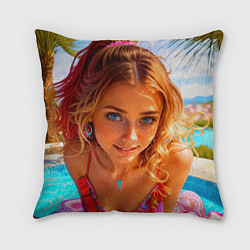 Подушка квадратная Девушка на курорте у бассейна, цвет: 3D-принт