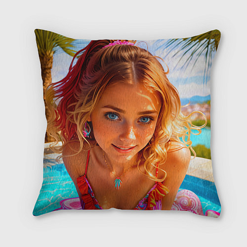 Подушка квадратная Девушка на курорте у бассейна / 3D-принт – фото 1