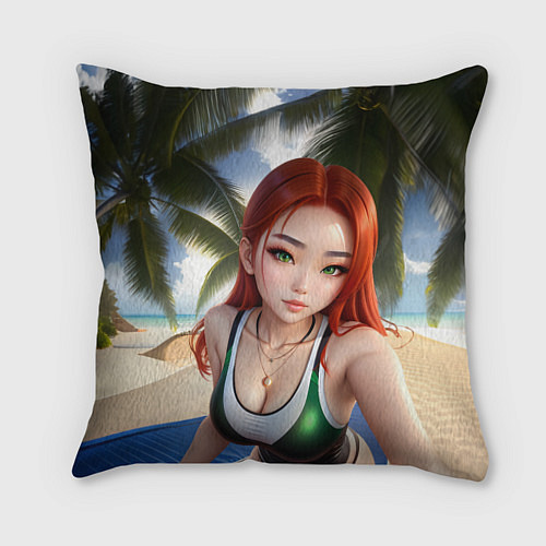 Подушка квадратная Девушка с рыжими волосами на пляже / 3D-принт – фото 1