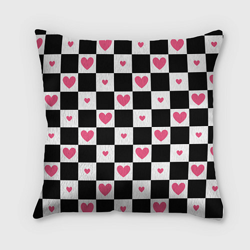 Подушка квадратная Розовые сердечки на фоне шахматной черно-белой дос / 3D-принт – фото 1