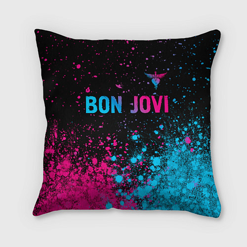 Подушка квадратная Bon Jovi - neon gradient: символ сверху / 3D-принт – фото 1