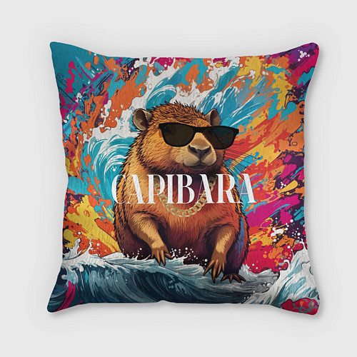 Подушка квадратная Капибара в очках на красочных волнах / 3D-принт – фото 1
