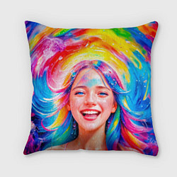 Подушка квадратная Девушка с красочными волосами в каплях воды, цвет: 3D-принт
