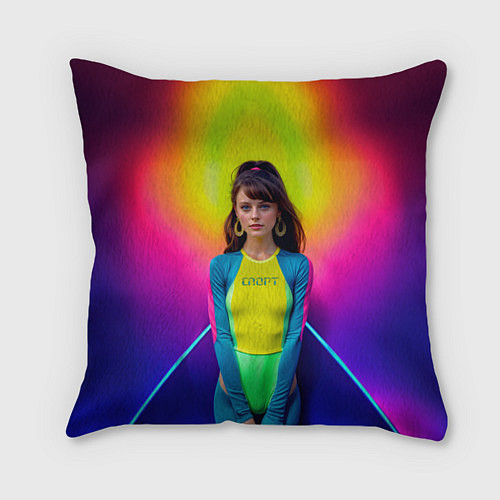 Подушка квадратная Девушка гимнастка в неоновом зале / 3D-принт – фото 1