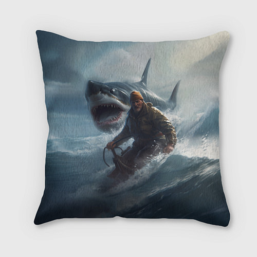 Подушка квадратная Мужчина уплывает от акулы на обломках лодки / 3D-принт – фото 1