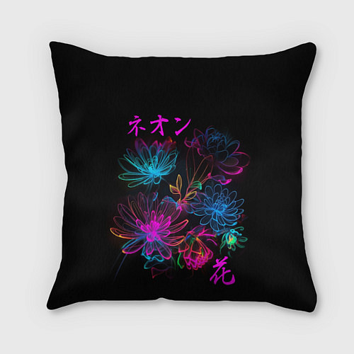 Подушка квадратная Неоновые цветы - японский стиль / 3D-принт – фото 1