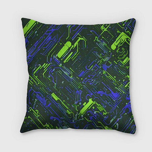 Подушка квадратная Киберпанк линии зелёные и синие / 3D-принт – фото 1