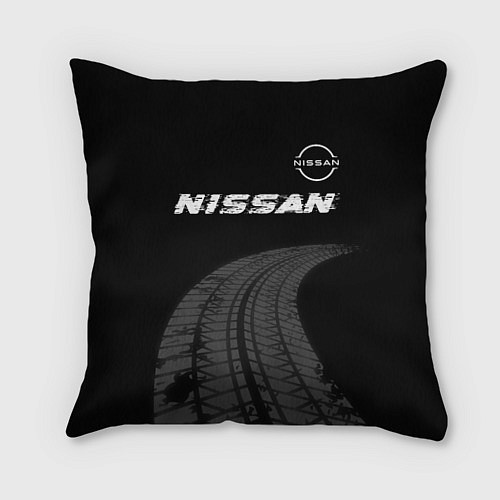 Подушка квадратная Nissan speed на темном фоне со следами шин: символ / 3D-принт – фото 1