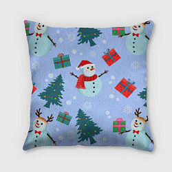 Подушка квадратная Снеговики с новогодними подарками паттерн, цвет: 3D-принт