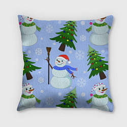 Подушка квадратная Снеговики с новогодними елками паттерн, цвет: 3D-принт