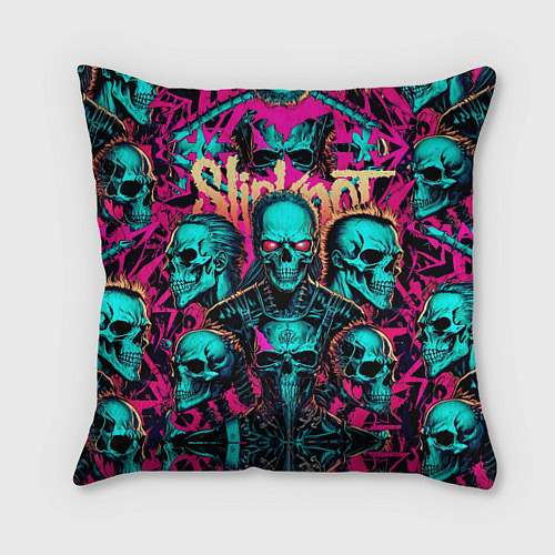 Подушка квадратная Slipknot на фоне рок черепов / 3D-принт – фото 1