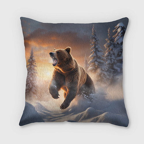 Подушка квадратная Бурый медведь в лесу / 3D-принт – фото 1