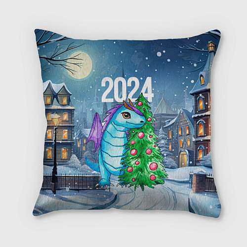 Подушка квадратная Дракон у новогодней елки 2024 / 3D-принт – фото 1