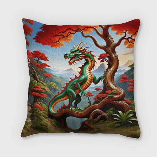 Подушка квадратная Зеленый деревянный дракон / 3D-принт – фото 1