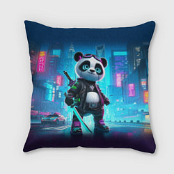 Подушка квадратная Панда кибер самурай в ночном Нью-Йорке