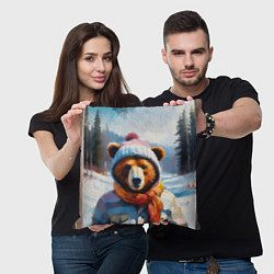 Подушка квадратная Бурый медведь в зимней одежде, цвет: 3D-принт — фото 2