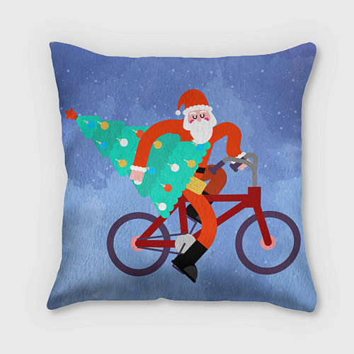 Подушка квадратная Дед Мороз на велосипеде с елкой / 3D-принт – фото 1