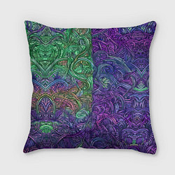 Подушка квадратная Вьющийся узор фиолетовый и зелёный, цвет: 3D-принт