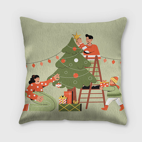 Подушка квадратная Семья наряжает новогоднюю елку / 3D-принт – фото 1