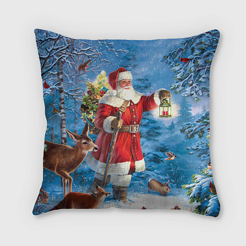 Подушка квадратная Дед Мороз в лесу с животными / 3D-принт – фото 1