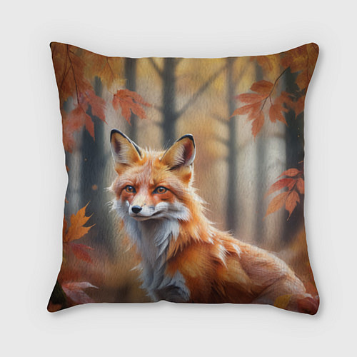 Подушка квадратная Рыжая лисица в осеннем лесу / 3D-принт – фото 1