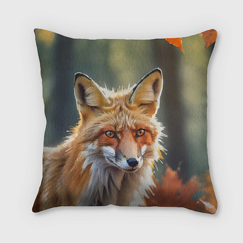 Подушка квадратная Портрет лисы с осенними листьями / 3D-принт – фото 1