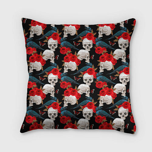 Подушка квадратная Skull in roses / 3D-принт – фото 1