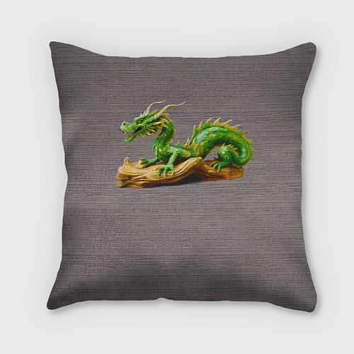 Подушка квадратная Зелёный деревянный дракон на дереве талисман / 3D-принт – фото 1